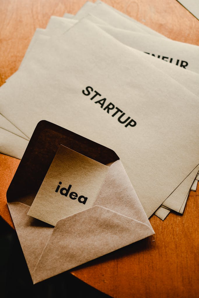 A flat lay of envelopes with startup text, ideal for business and entrepreneurship themes.