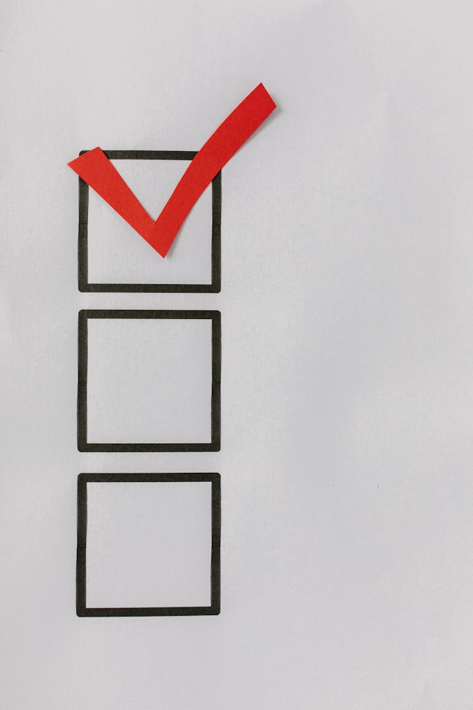A checklist with a red tick mark over the first box on a white background symbolizing completion.